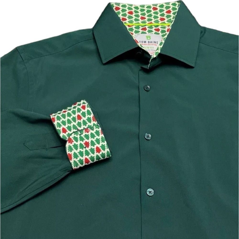TOM BAINE Slim Fit Holiday Collection‎ Button Down Dress Shirt Hunter Med NWOT
